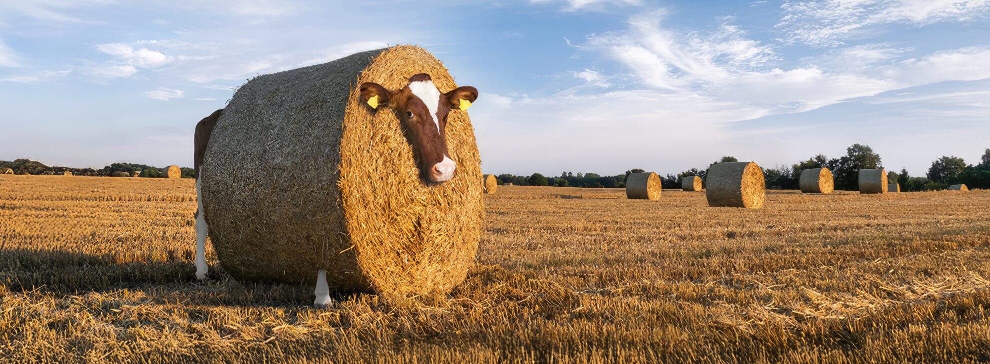 BOVIKALC Kampagnenmotiv: Kuh versteckt sich hinter dem Heuballen.
