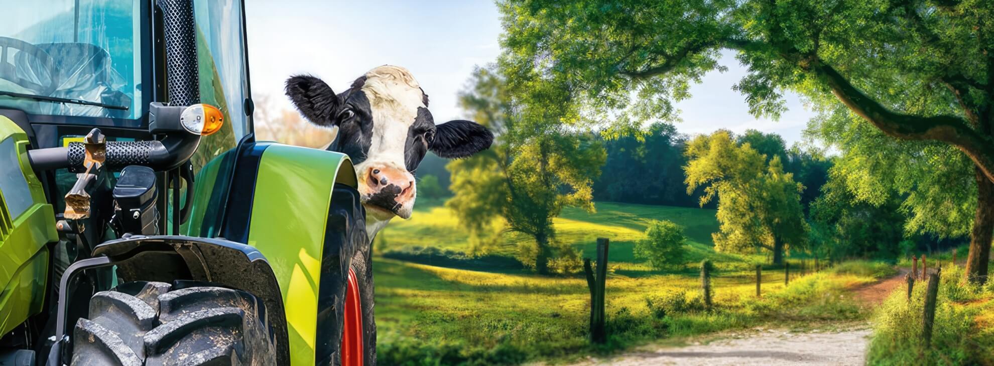 BOVIKALC Kampagnenmotiv: Kuh versteckt sich hinter dem Traktor.